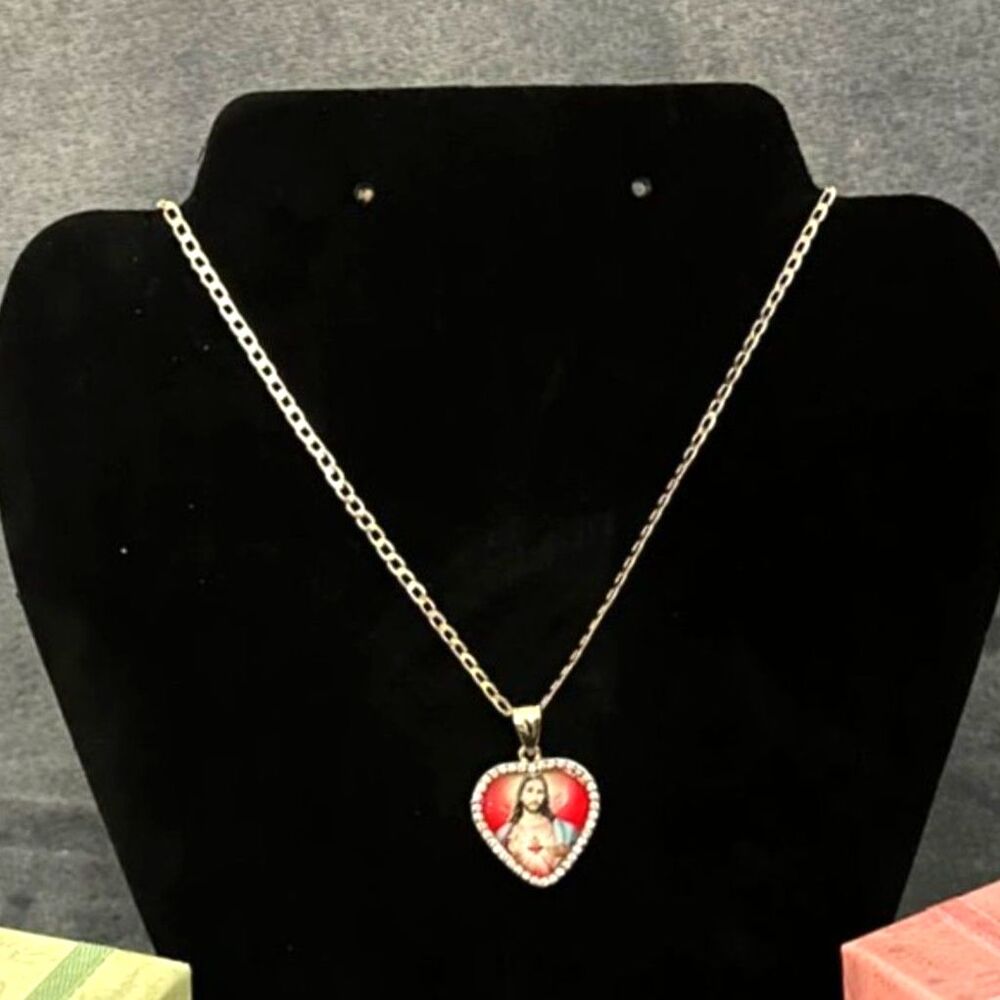 18K Gold Filled Sacred Heart Jesus Pendant Necklace | 3mm Cuban Link Chain CZ